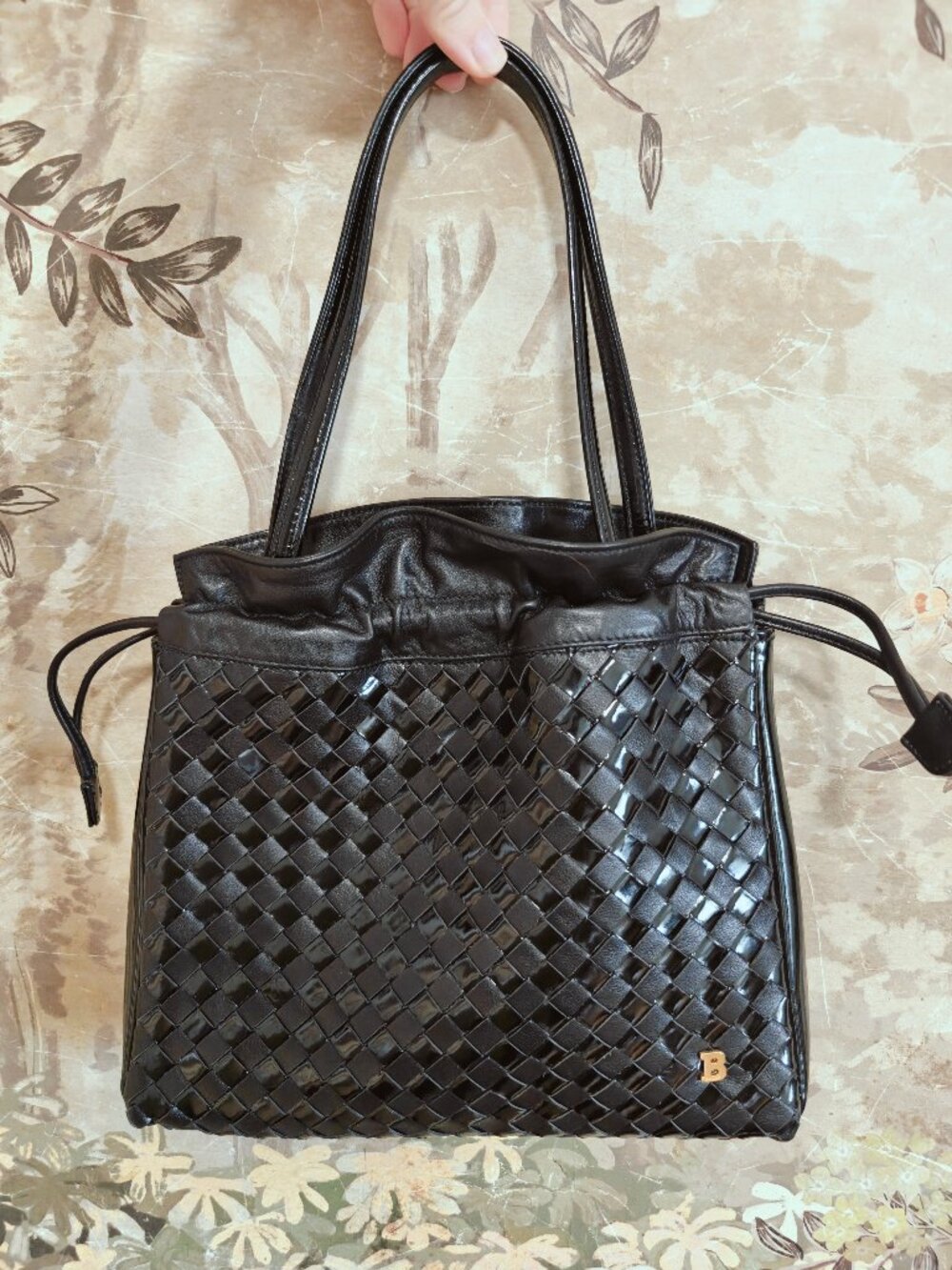 Bally Small Black Woven Leather Drawstring Shoulder Bag Made in Italy